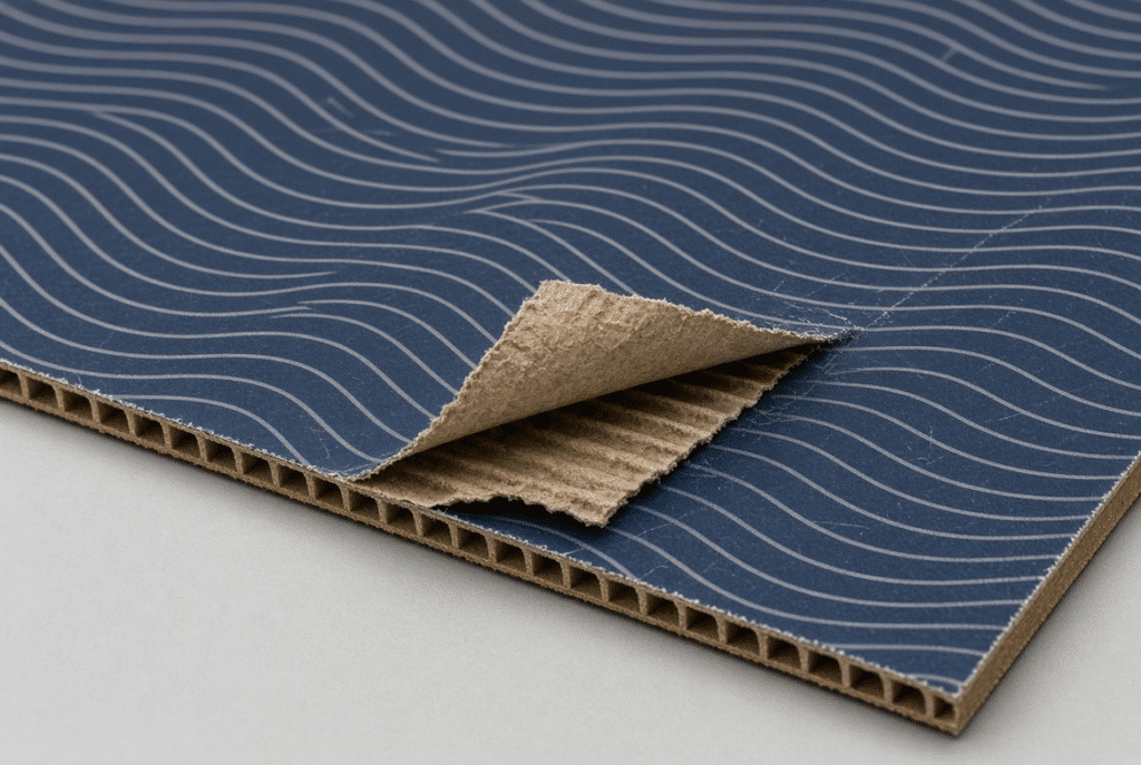 Close-up of a technical defect such as scuffing, face-sheet lifting or crushed crease on a finished litho-laminated sample