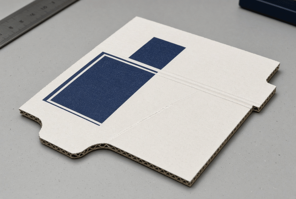 Laminated corrugated board sample showing surface scratch, registration shift and minor flute compression at crease