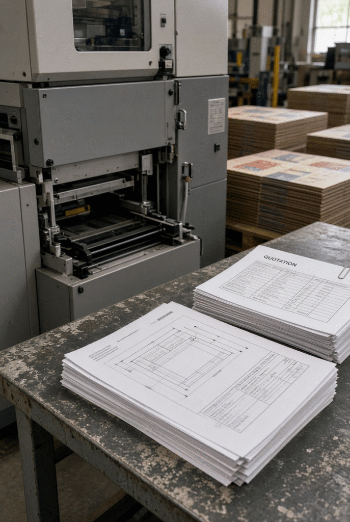 Automatic flatbed die cutting machine beside technical specification sheet and quotation documents in packaging factory