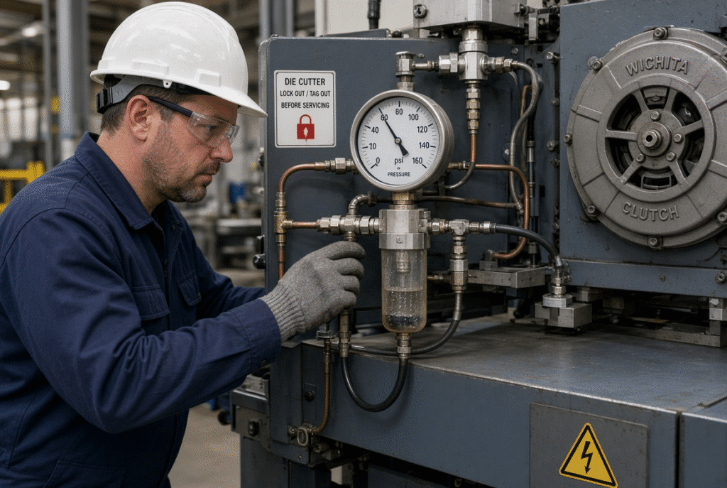 Maintenance technician inspecting pressure gauge and pneumatic tubing on a safely isolated platen die cutting machine during clutch-related diagnostic observation
