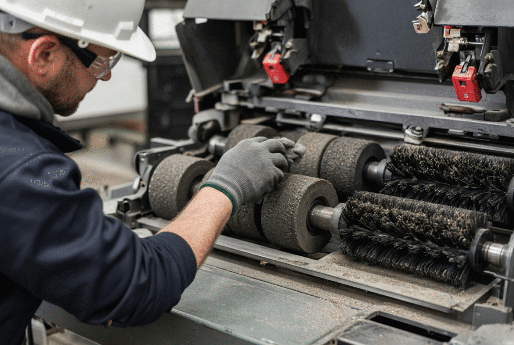 Technician inspecting and cleaning feed wheels and brush wheels on a stopped lead edge feeder of a flatbed die cutting machine for corrugated board