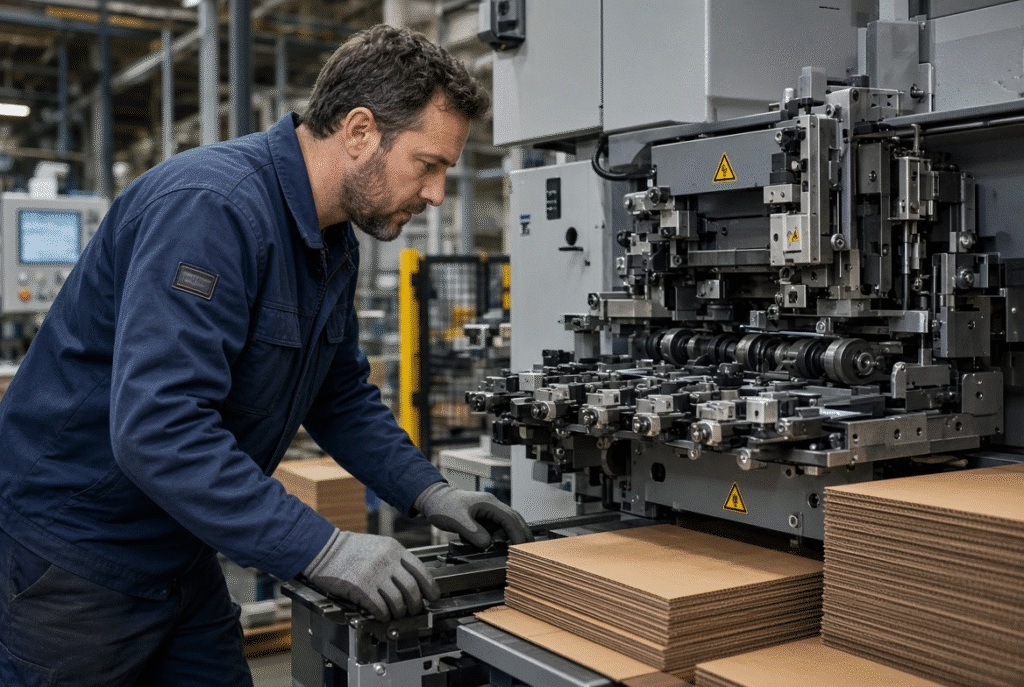 Technician inspecting feed wheels, sensors, and guides of a lead edge feeder during troubleshooting on a flatbed die cutting machine for corrugated board