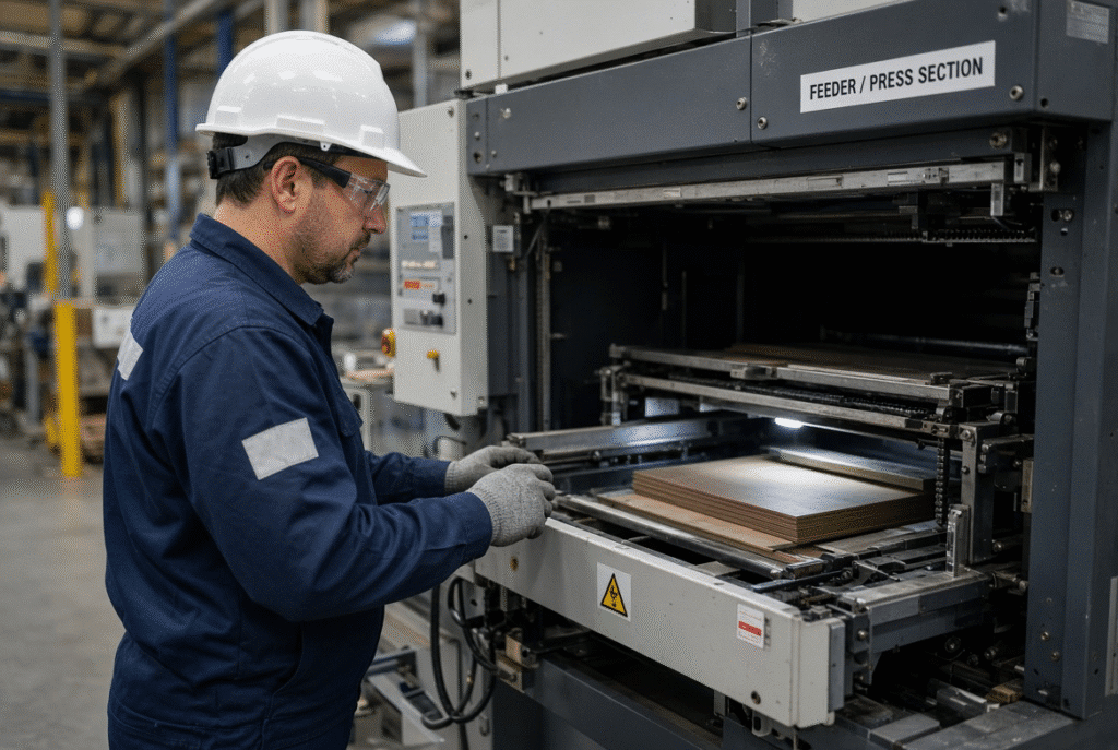 Qualified technician performing visual inspection on a stopped automatic flatbed die cutting machine in a packaging plant