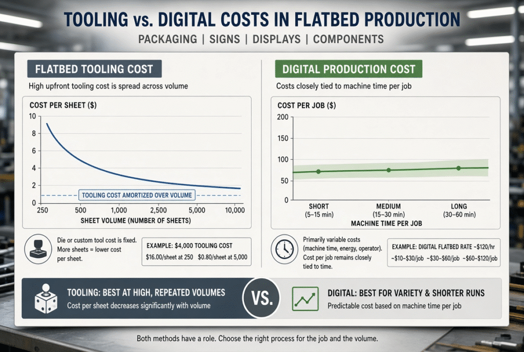 Diagram illustrating how tooling cost is spread across volume for flatbed platen die cutting while digital costs track machine time