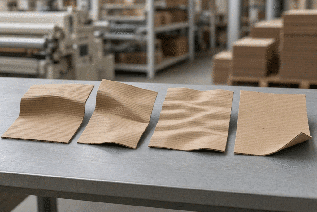 Side-by-side comparison of bowed, twisted, wavy and edge-curled corrugated board samples on a workshop table