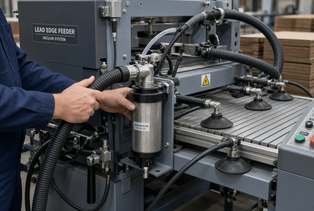 Vacuum pump, hoses and suction components installed on a lead edge feeder of a corrugated flatbed die cutting machine during maintenance inspection