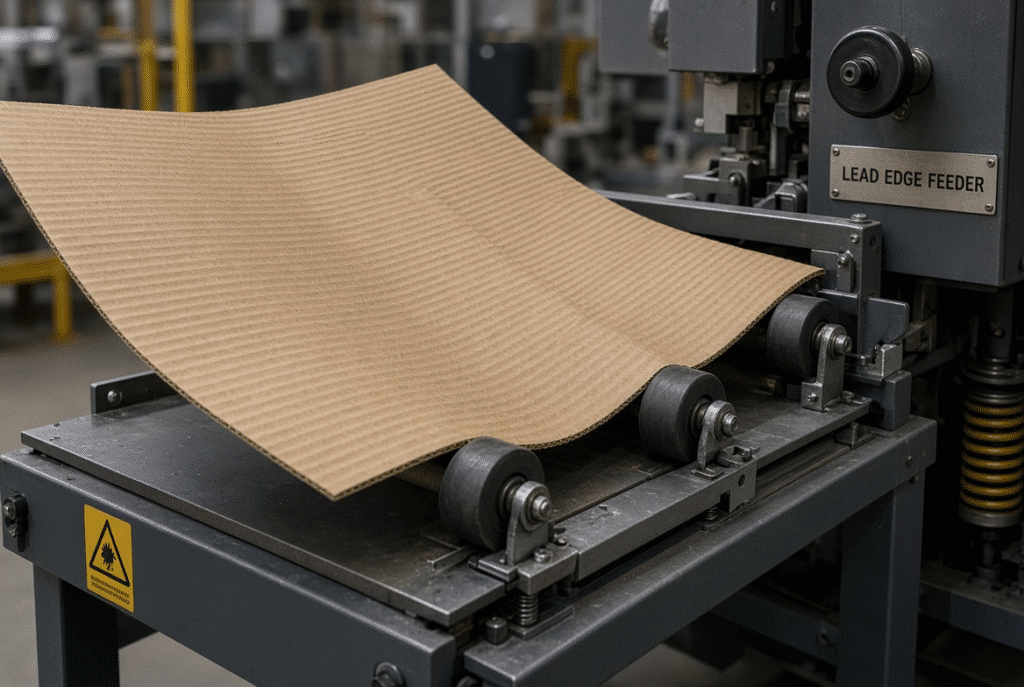 Warped corrugated board contacting feed wheels and support table on a flatbed die-cutting machine