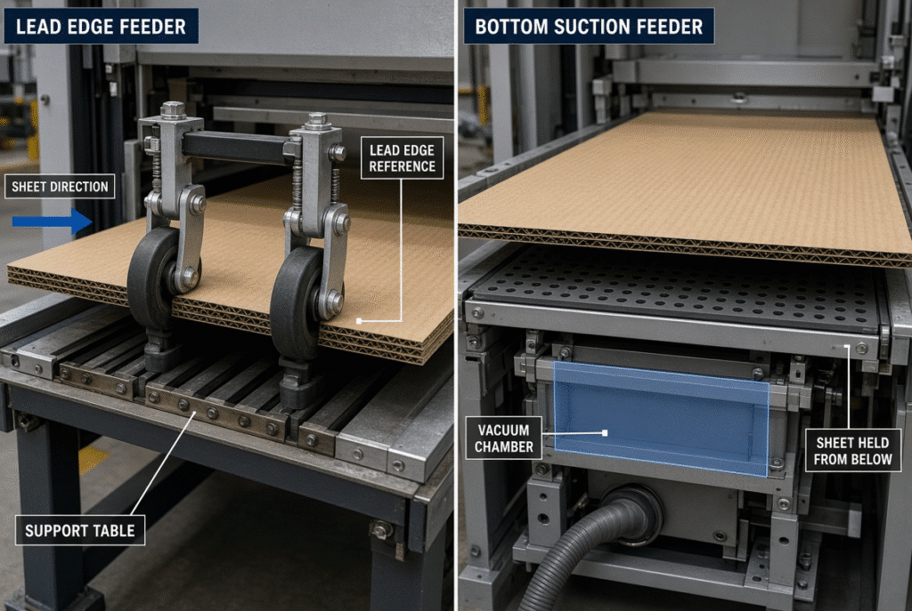 Warped corrugated board with visible bowing and edge lift entering a die cutter feeder, showing contact challenges for both feed wheels and suction zones