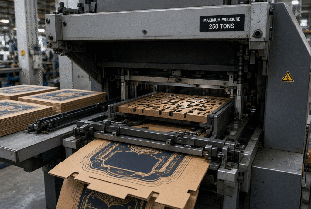 300 ton flatbed die cutting machine processing packaging sheets with emphasis on the pressure-bearing die-cutting section