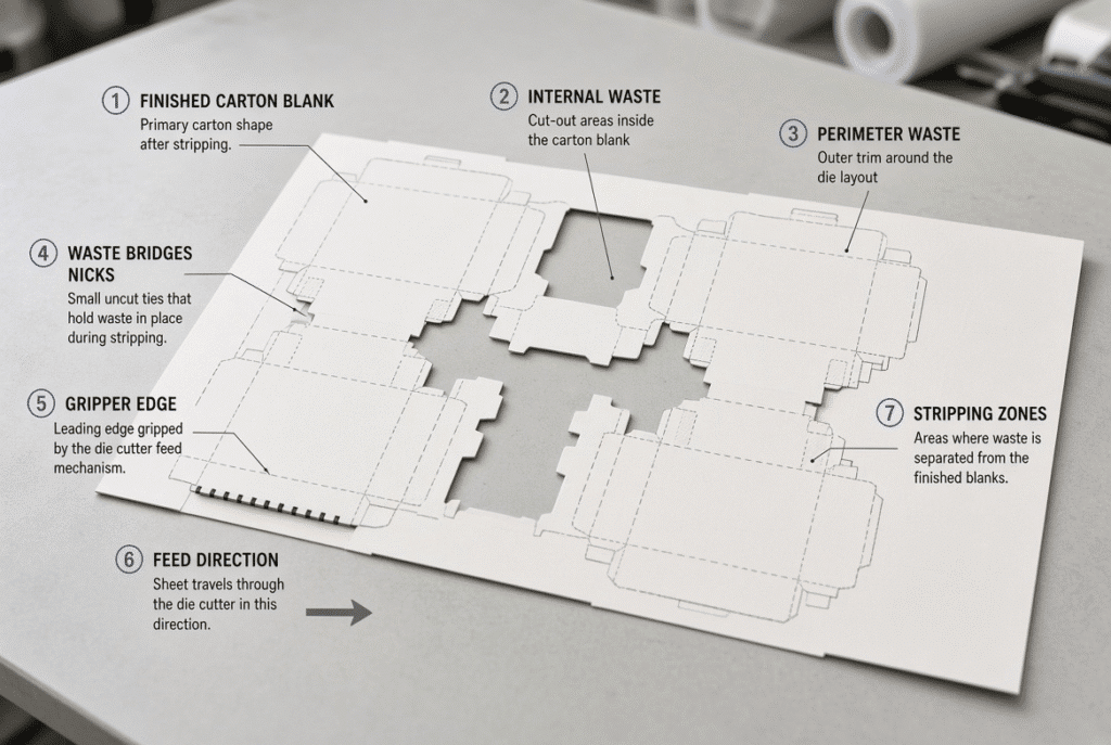 Technical diagram of a die-cut folding-carton sheet with labeled finished blanks, internal waste, perimeter waste, waste bridges, gripper edge, and intended stripping zones for automatic flatbed die cutter setup