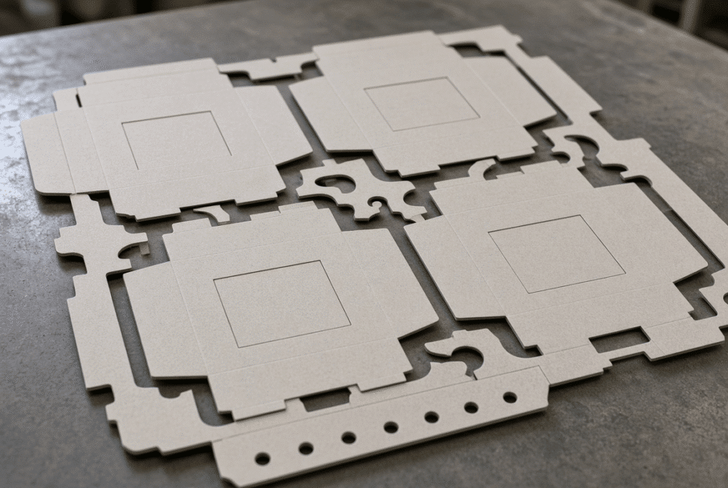 Annotated die-cut paperboard packaging sheet clearly showing finished carton blanks, outer waste skeleton, internal window waste pieces, and gripper edge