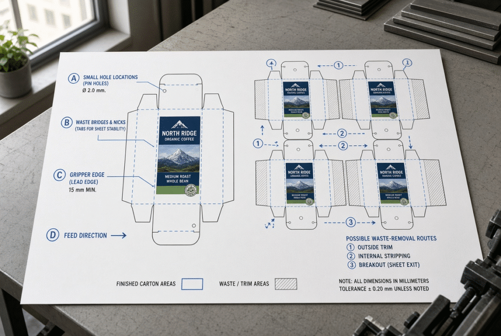 Technical dieline and imposed-sheet layout of folding cartons highlighting small-hole locations, waste bridges, gripper edge, feed direction and planned waste-removal routes