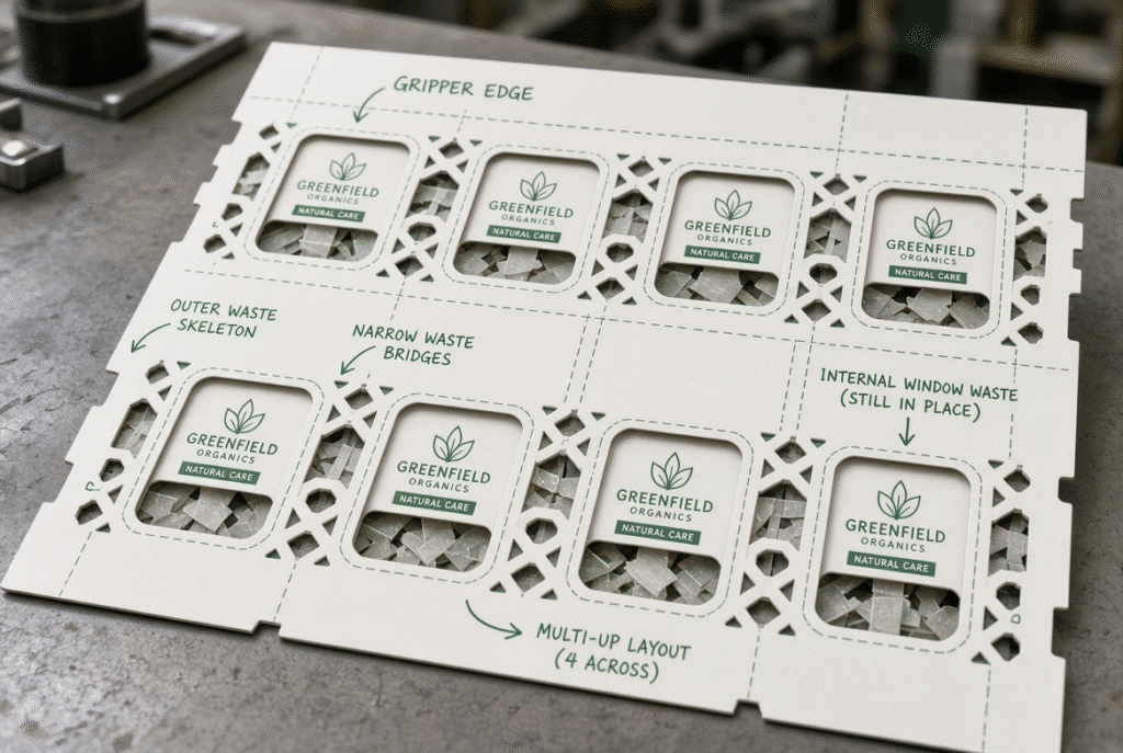 Multi-up folding carton sheet with internal window waste, outer waste skeleton, waste bridges, and finished blanks after die cutting