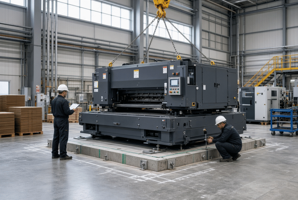 Heavy automatic flatbed die cutting machine being positioned and leveled during factory installation and commissioning