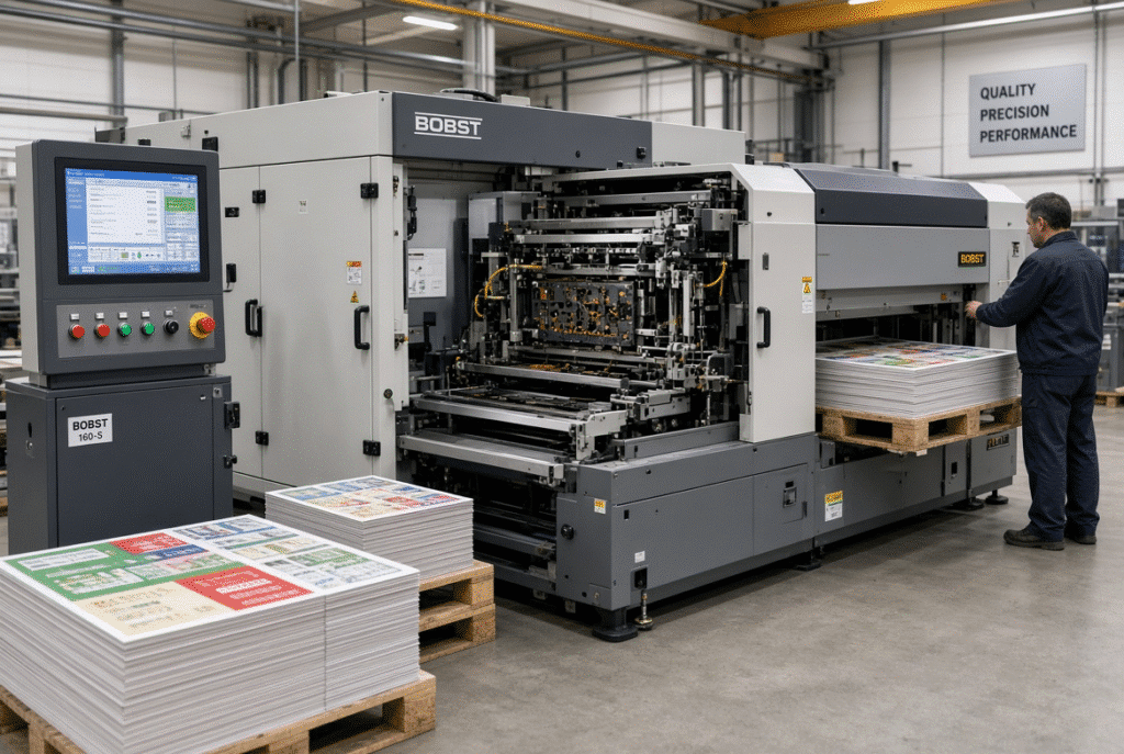 Automatic die cutting machine with stripping unit for packaging production showing machine structure and technical evaluation context