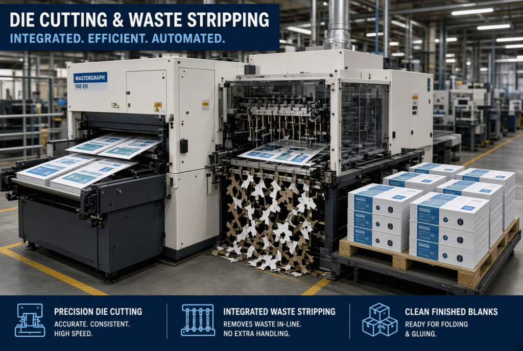 Automatic flatbed die cutting machine with waste stripping section processing packaging sheets and delivering finished blanks in a production plant