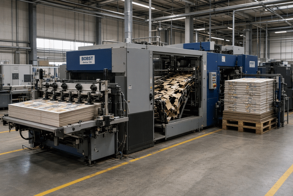Complete automatic flatbed die-cutting line showing sheet feeding, die cutting, waste stripping of outer and internal waste, and delivery of finished packaging blanks