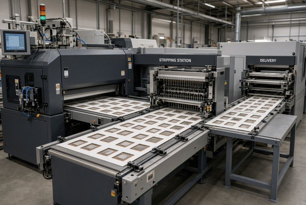 Automatic flatbed die-cutting machine with integrated stripping station removing internal windows and outer waste from folding-carton sheets in continuous production flow