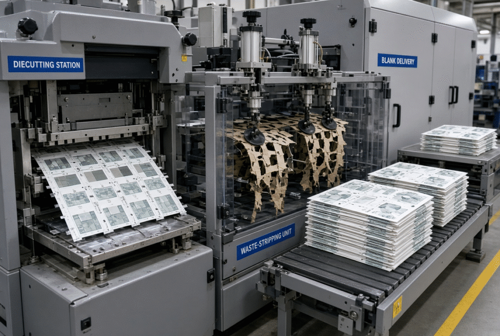Automatic waste stripping section on a flatbed die-cutting machine separating folding carton blanks from waste skeleton