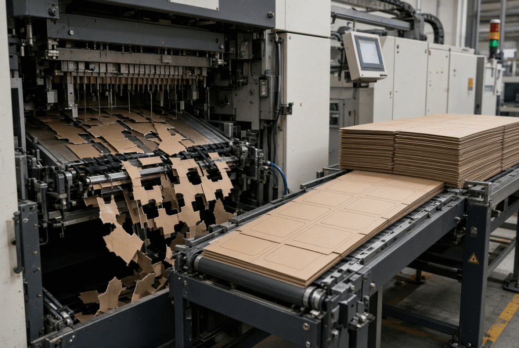 Automatic flatbed die-cutting machine waste-stripping section transferring finished blanks to an organized delivery stack while separated waste is directed away