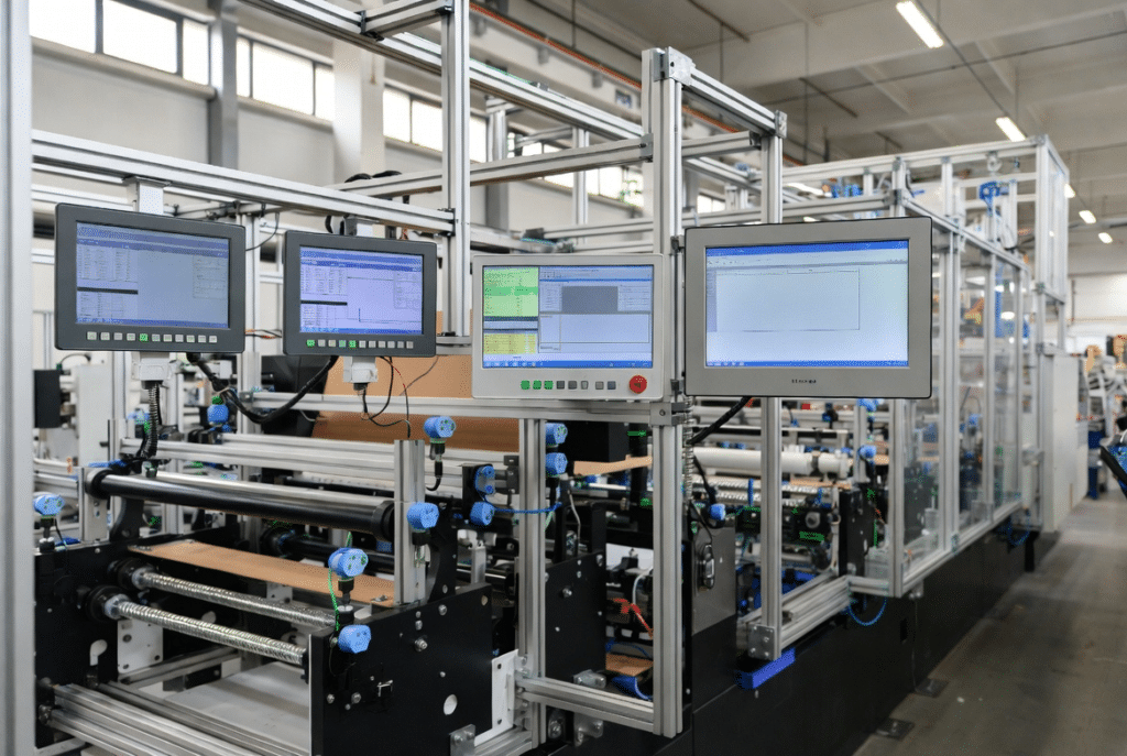 Professional factory photograph of an automatic laminating machine with operator HMI screens and a secondary status monitor, illustrating IoT sensors and remote monitoring for smart laminating line management in packaging converting