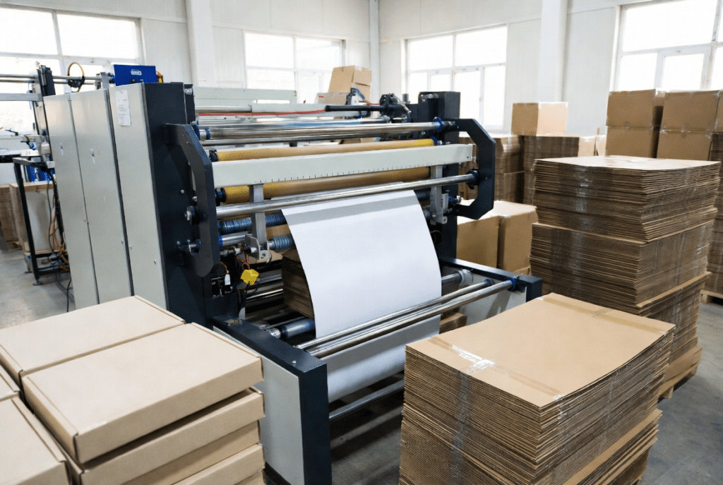 Industrial sheet-to-sheet laminating machine in a packaging plant with finished printed mailer boxes and retail-ready corrugated cartons in the foreground, illustrating high-quality graphics and structural packaging for e-commerce and retail applications