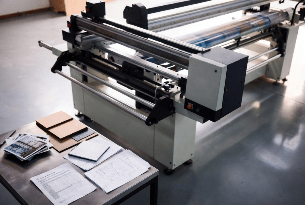 Professional view of automatic laminating machine beside RFQ technical specification sheets, corrugated material samples and notes illustrating how to write an effective RFQ for an automatic laminating machine