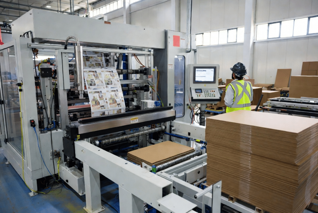 Professional view of automatic laminating equipment feeding paperboard sheets while an operator monitors the HMI and finished stacks, illustrating how automation reduces repetitive manual work and supports packaging plants facing labor shortages