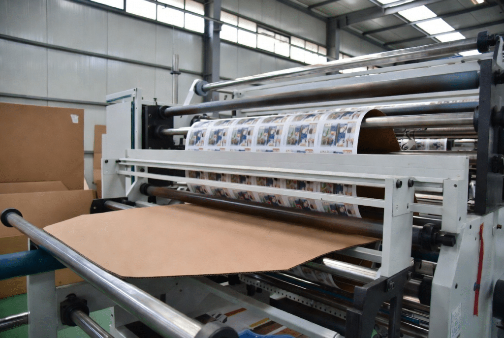 Industrial automatic laminating machine in a packaging plant feeding printed paper sheets onto corrugated board, with visible feeder, registration and glue application sections for e-commerce packaging production