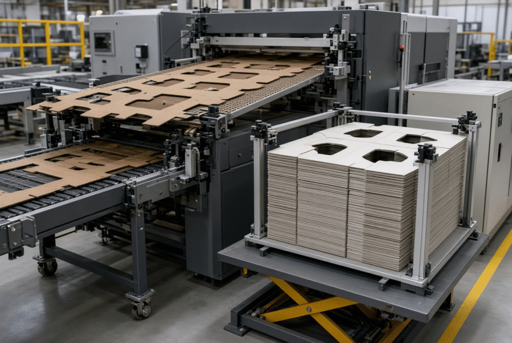 Individual finished folding-carton blanks being separated from residual skeleton material and collected at a blanking station on an automatic flatbed die-cutting line