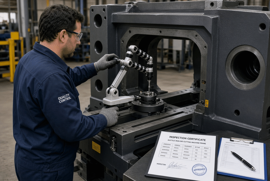CNC machining and dimensional inspection of a ductile iron die cutting machine pressure-bearing component