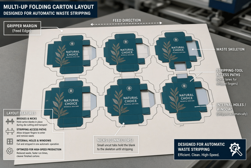 Multi-up folding-carton imposed sheet showing carton blanks, internal waste, perimeter skeleton, bridges, gripper margin, and stripping-tool access for automatic waste removal