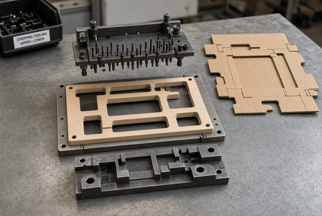 Industrial view of central stripping board, upper stripping tool with pins, lower stripping tool, and support elements prepared for waste removal on a flatbed die cutter