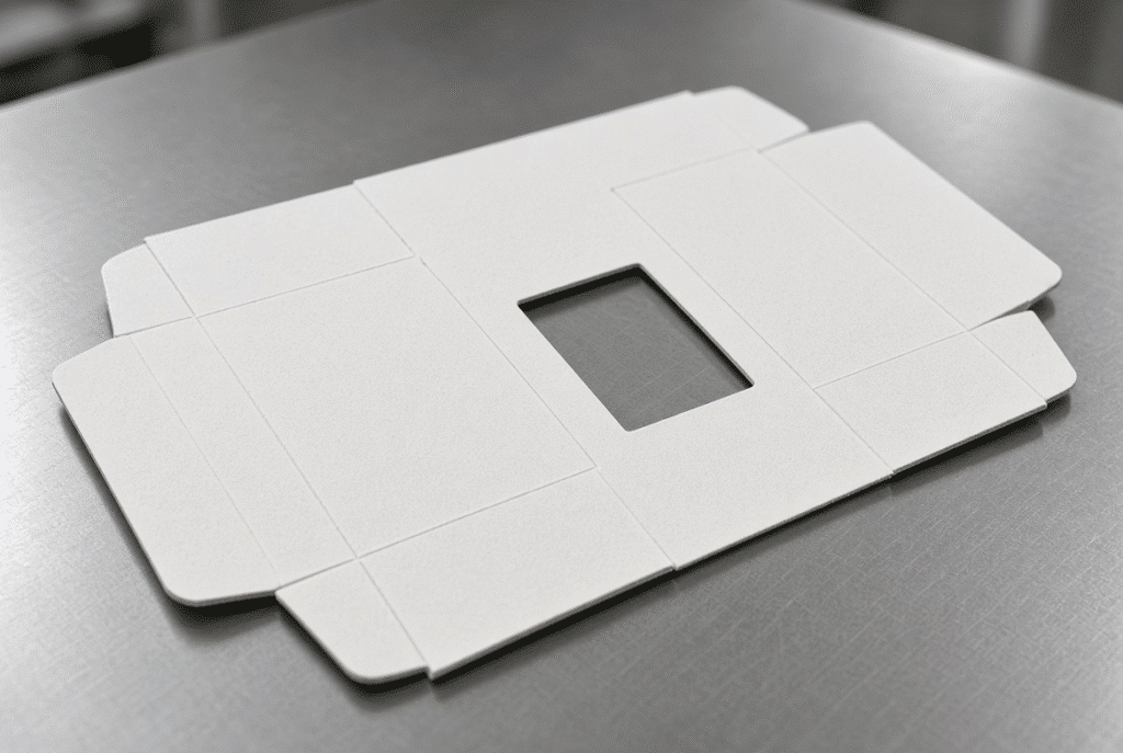Close-up of die-cut folding carton blank with sharp cut edges and properly formed crease lines on glue flaps and panels