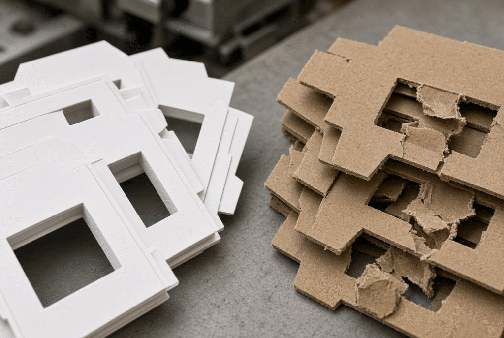 Comparison of cleanly stripped folding-carton blanks and blanks with residual waste or edge damage after die cutting