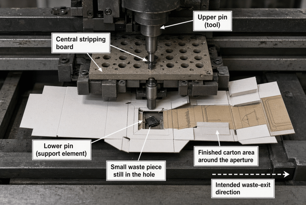 Industrial close-up of central stripping board, upper and lower pins, die-cut sheet and small waste piece showing contact zones and waste-exit direction on a flatbed die-cutting machine