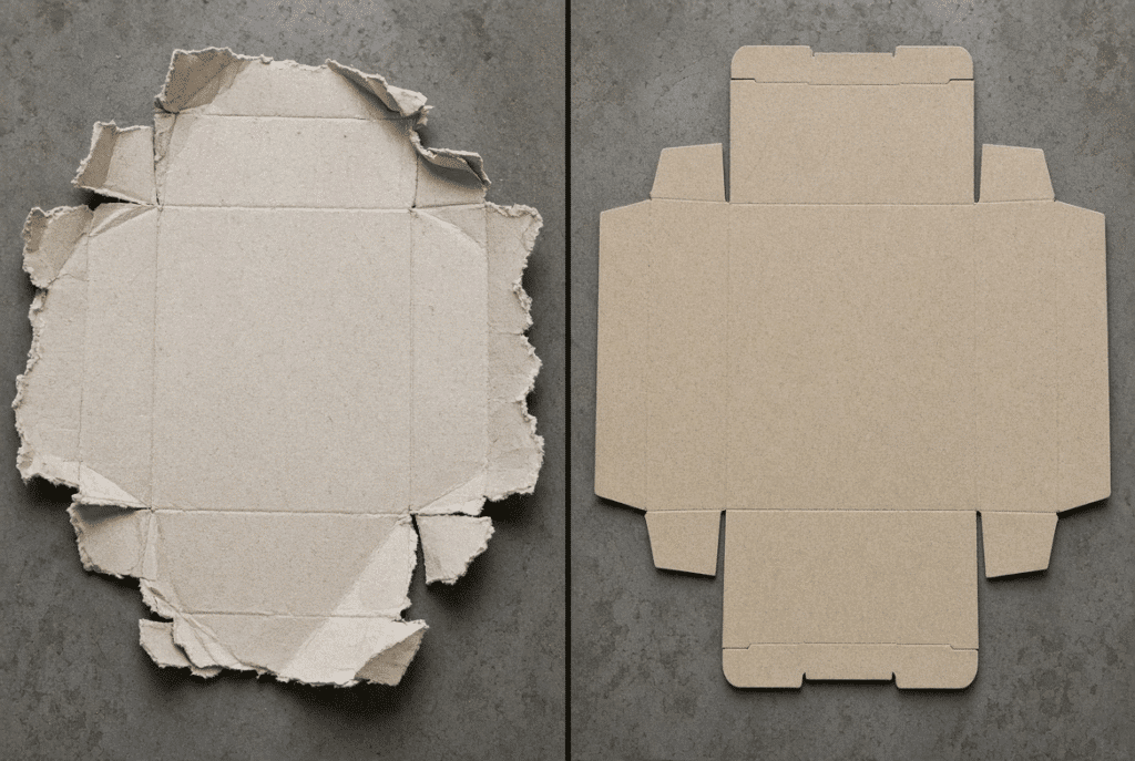 Side-by-side comparison of die-cutting defects caused by incorrect pressure versus a cleanly cut and creased packaging blank