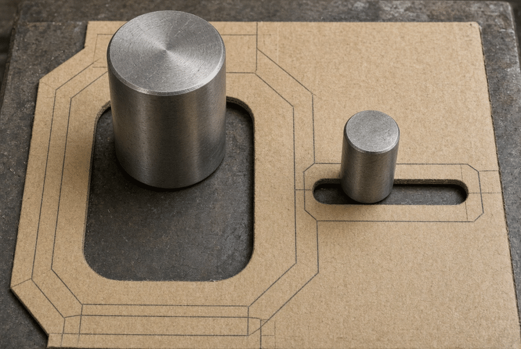 Close-up comparison of larger-diameter and smaller-diameter stripping pins relative to waste areas and clearance zones on a die-cut folding-carton sheet