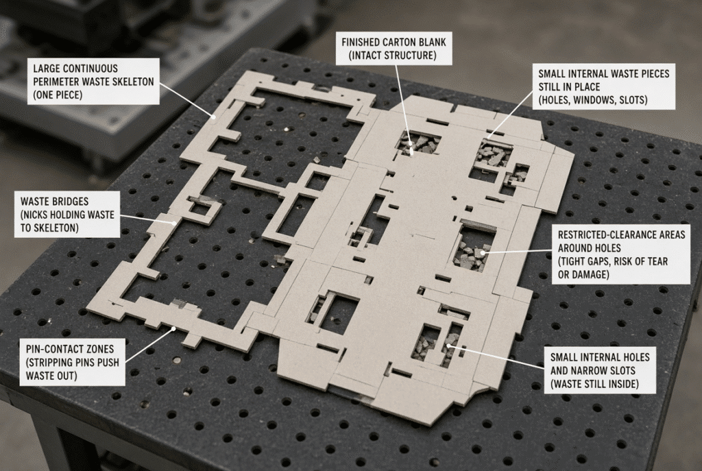 Flatbed die-cut folding-carton sheet showing large continuous perimeter waste skeleton alongside several small internal holes and windows with labelled pin-contact zones and restricted clearances