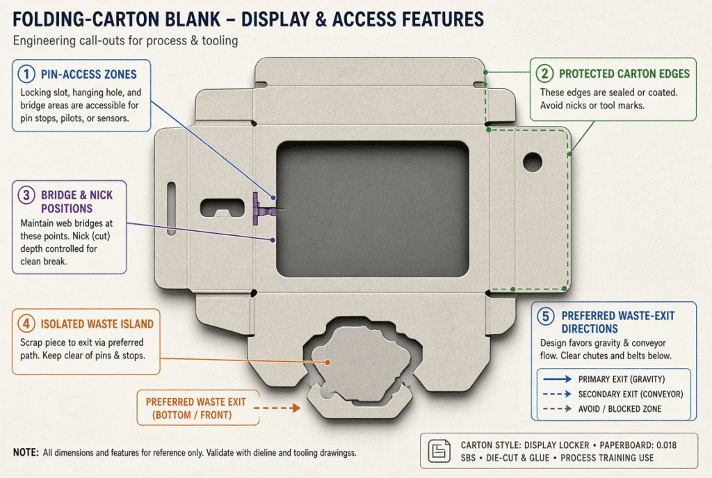 Detailed carton blank illustration labeling a display window, narrow locking slot, hanging hole near crease, isolated waste island, pin-access zones, protected edges, bridges and waste-exit directions