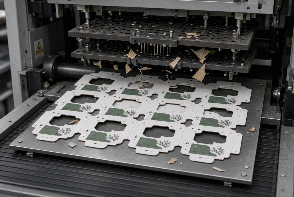 Multi-up die-cut folding-carton sheet with windows, small holes, slots and irregular waste being stripped on a flatbed machine, showing protected finished blanks, tool access and controlled waste-exit path