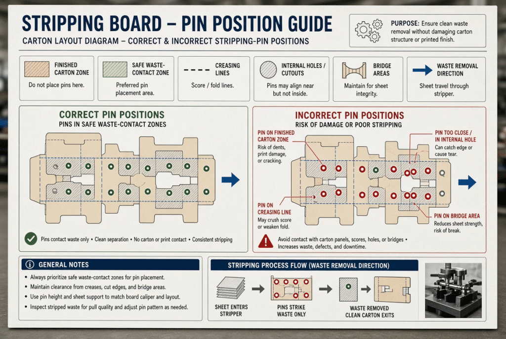 Stripping-board diagram illustrating safe waste-contact zones, finished carton areas, creasing lines and waste-removal direction for pin placement