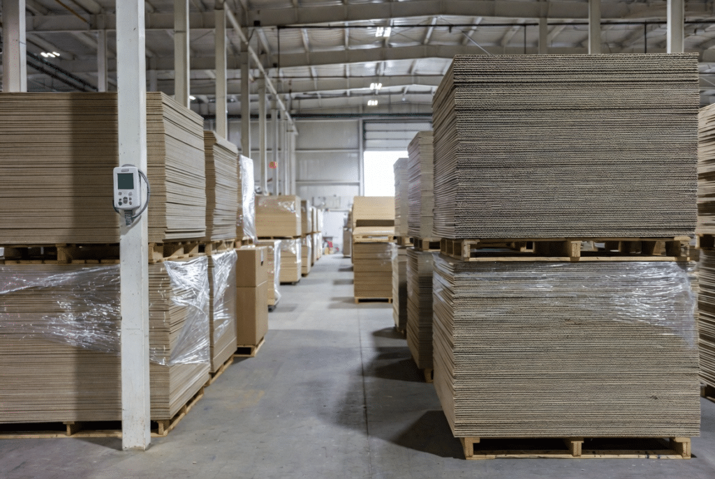 Neatly stacked corrugated board pallets stored off the floor with a calibrated temperature and relative humidity sensor nearby in a controlled laminating plant warehouse for moisture stability