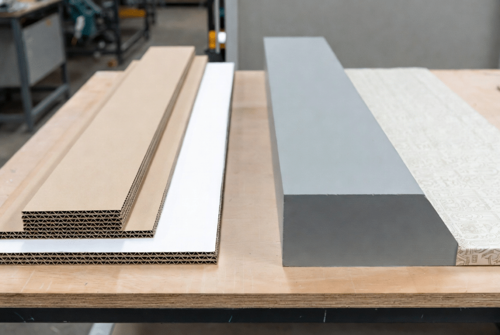 Side-by-side industrial sample of fluted corrugated board cutaway next to dense greyboard panel and decorative printed wrap paper on workshop bench, illustrating