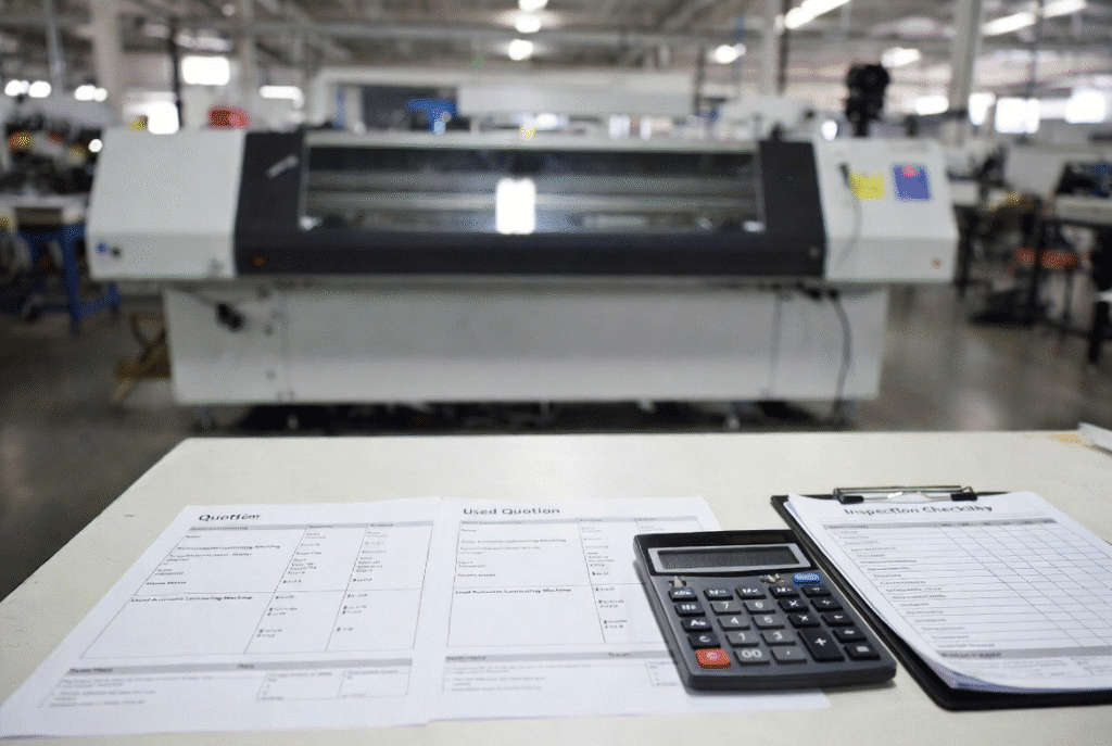 Professional industrial view of a packaging-plant desk holding cost-comparison documents, calculator and inspection checklist for new versus used automatic laminating machines, with a production laminator visible in the background workshop – illustrating risk, warranty and long-term cost evaluation