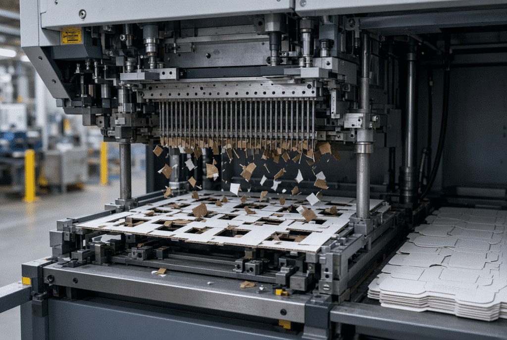 Flat die-cut folding carton blank beside a partially formed carton after the waste stripping process
