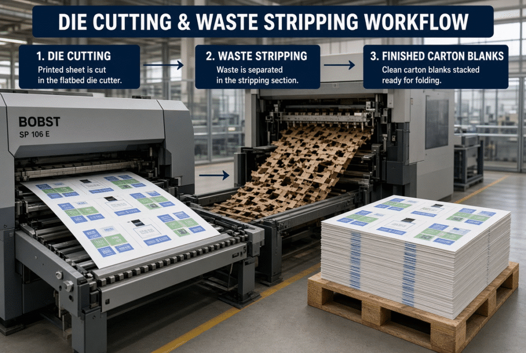 Complete die cutting and waste stripping process transforming printed paperboard sheets into finished carton blanks