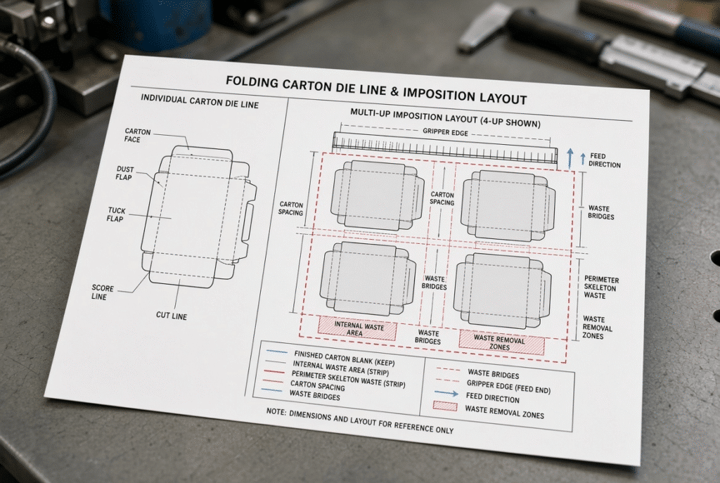 Technical diagram comparing individual folding-carton dieline with multi-up imposed sheet, labeled carton blanks, internal waste, perimeter waste, bridges, gripper edge, and feed direction
