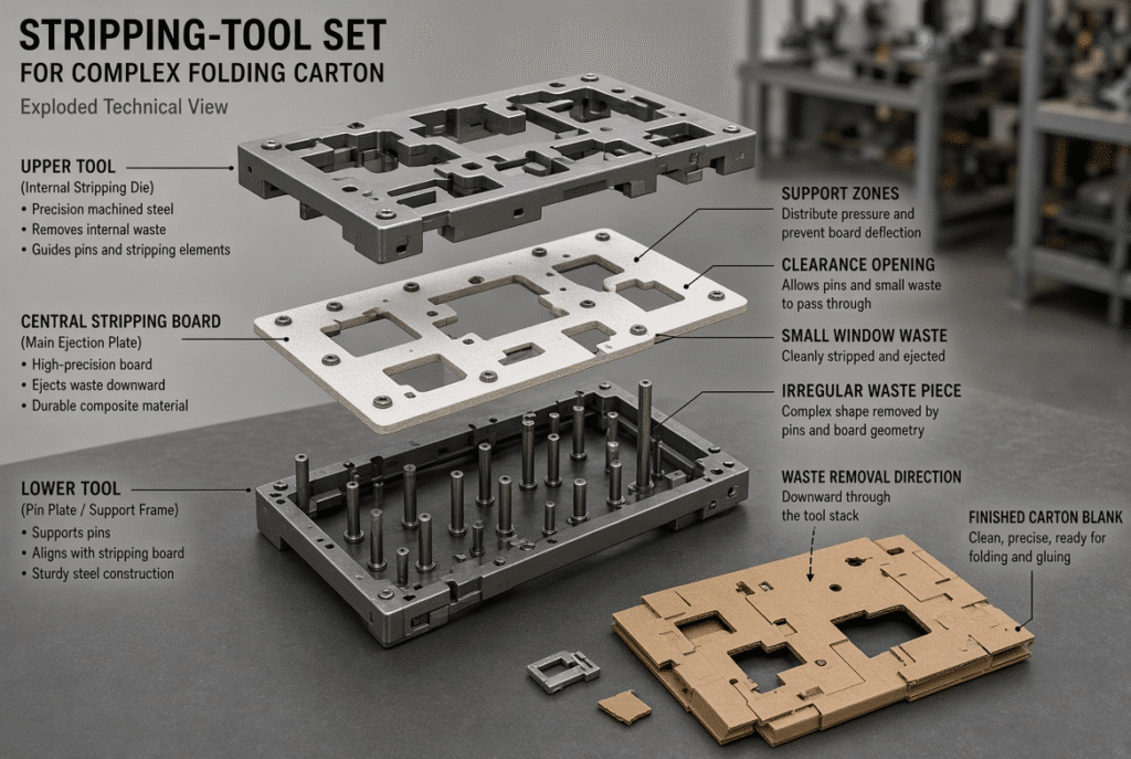Technical exploded view of central stripping board, upper and lower tools, pins, support zones, clearance opening, small window waste, irregular waste piece and finished carton blank showing waste-removal direction