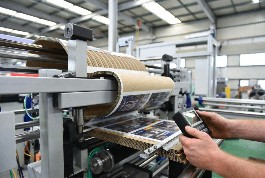 Technician measuring registration accuracy on laminated corrugated sheets during factory acceptance test of automatic laminating machine
